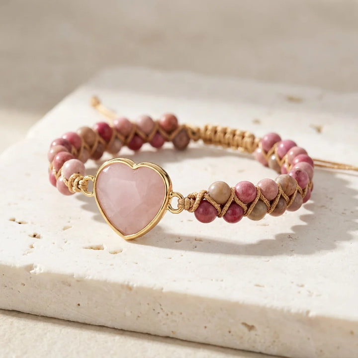 Woven Rose Quartz Heart Bracelet - Rose Quartz