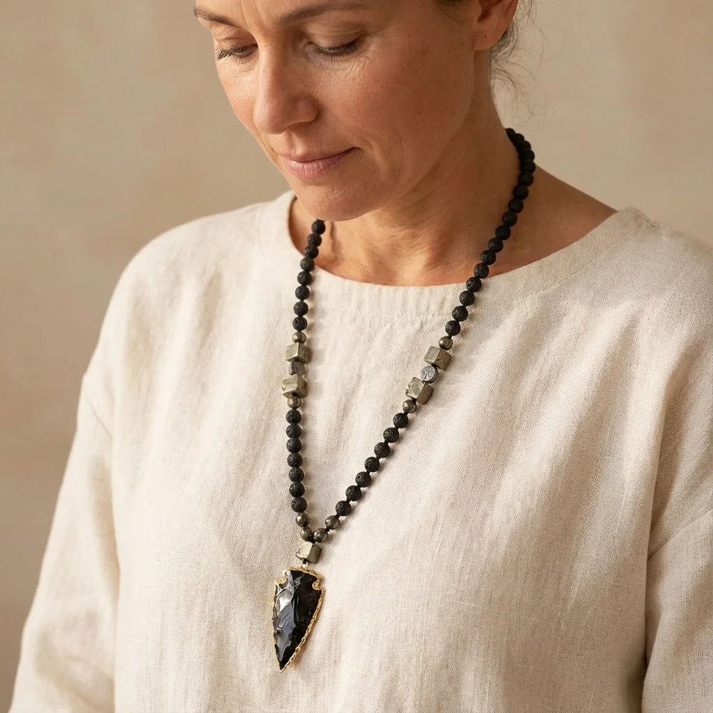 Black Obsidian Arrow Necklace - Obsidian