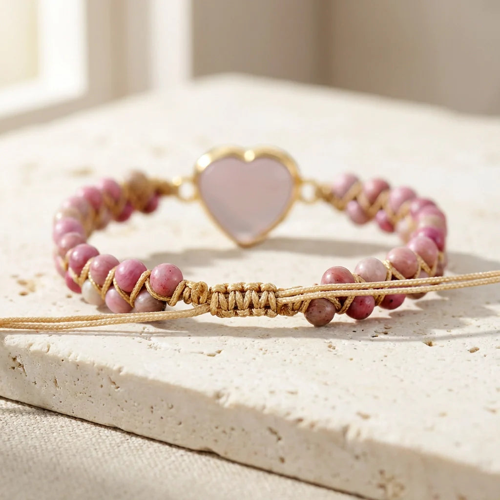 Woven Rose Quartz Heart Bracelet - Rose Quartz