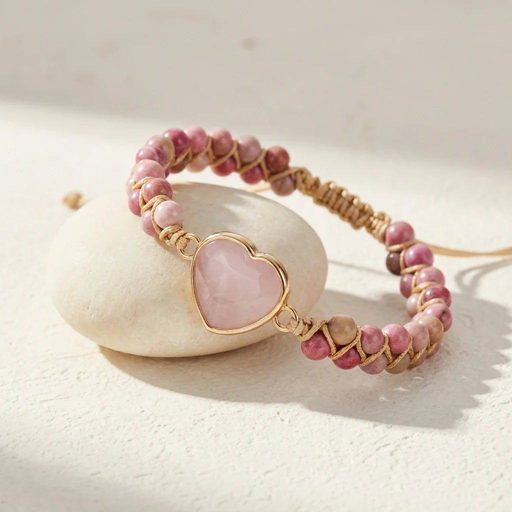 Woven Rose Quartz Heart Bracelet - Rose Quartz