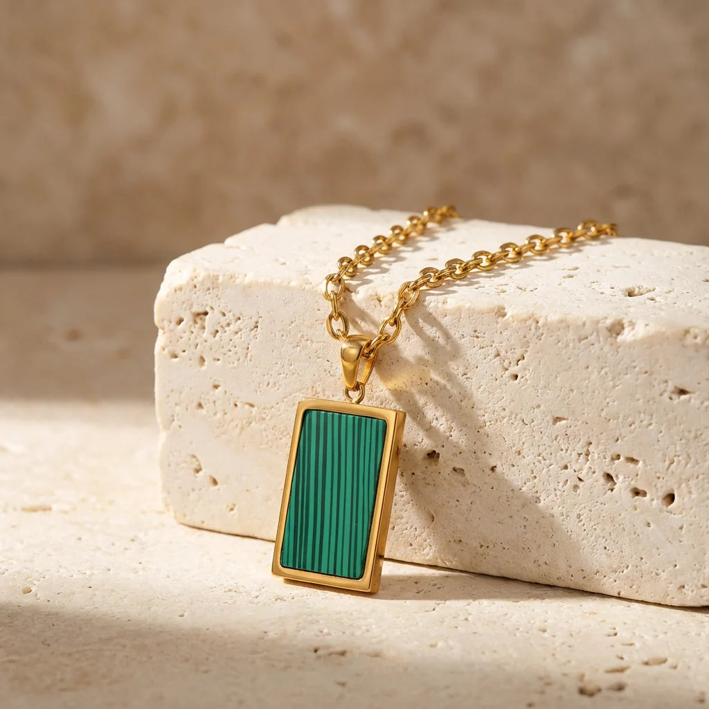 Ethereal Square Pendant Necklace - Malachite