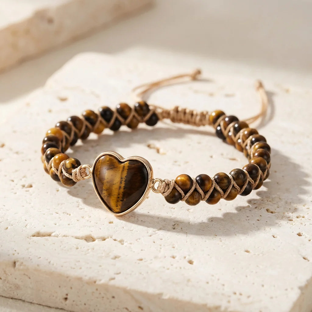 Woven Tiger's Eye Heart Bracelet - Tiger's Eye