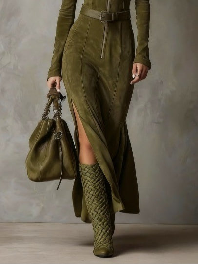 Evelyn | Gürteltes Wildleder-Reißverschlusskleid